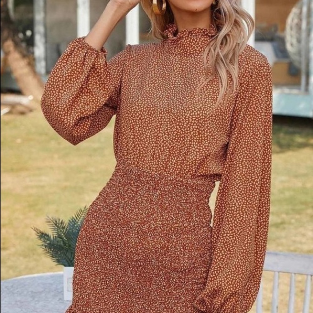 Brown Rust Neckline Lantern Sleeve Mini Dress - Picture 4 of 5